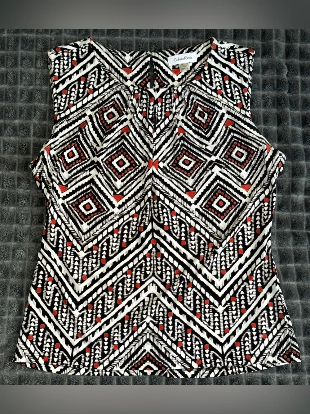 Calvin Klein Med Black Rust Orange Red Print Sleeveless Top Blouse Accents (B7) - Picture 6 of 6